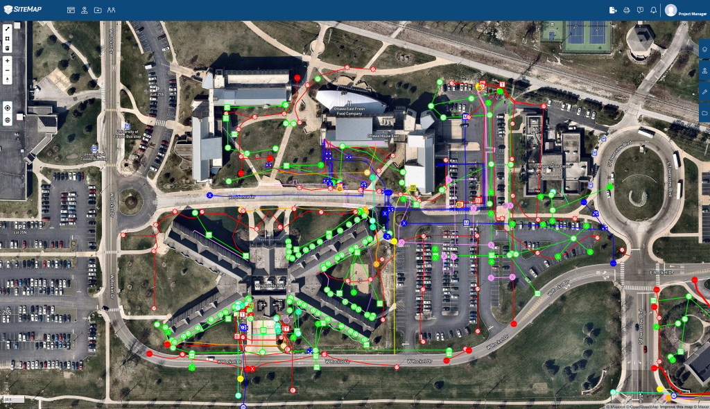 SiteMap UToledo Campus with utility lines marked out.