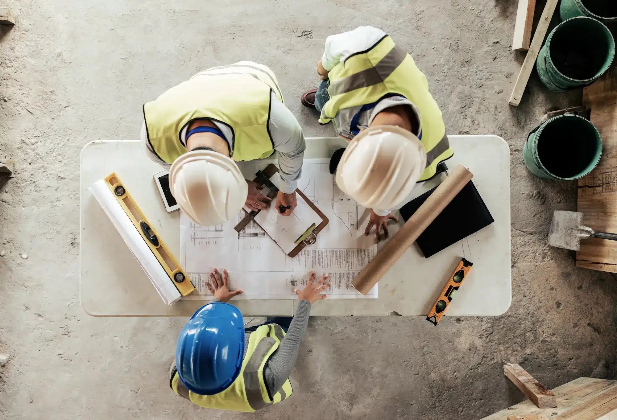 Construction workers communicating about a project over a table with paper