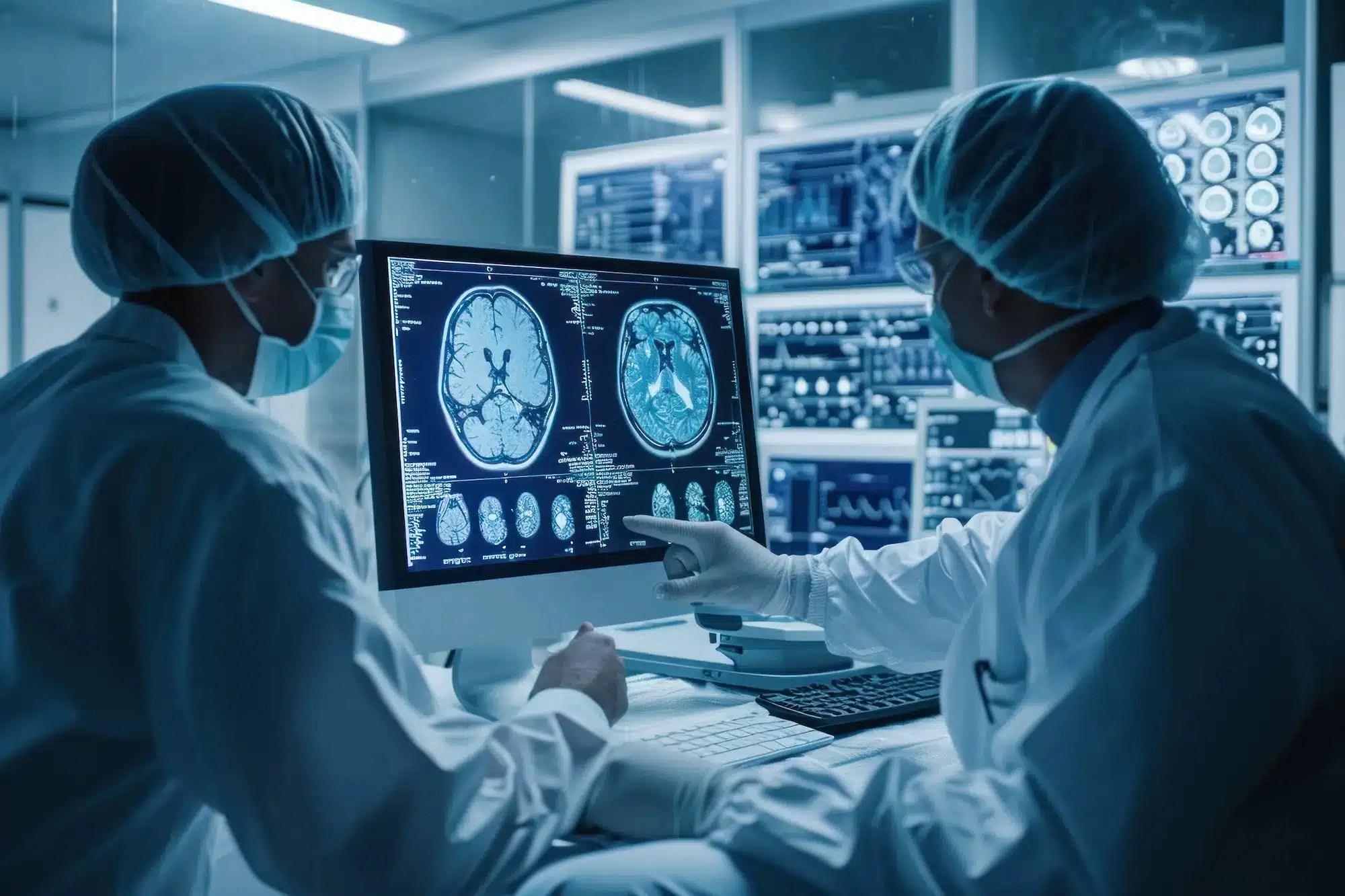 Surgeons looking at brain scans on the computer