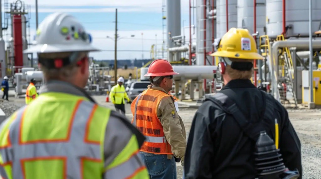 Employees quickly moving to secure valves and shut off systems during a simulated gas leak drill at a refinery.