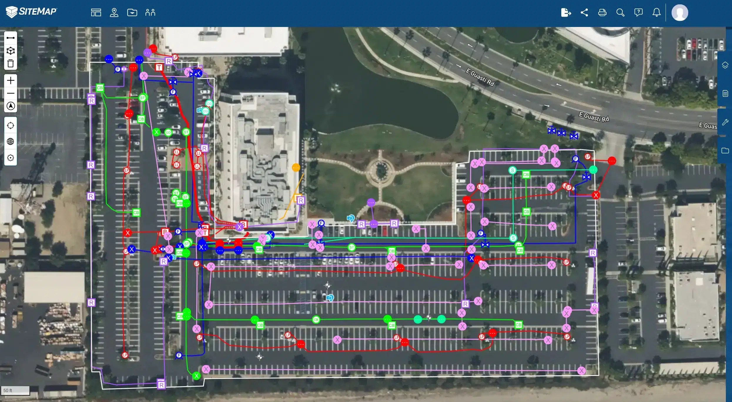 SiteMap displaying utility data on desktop computer screen.