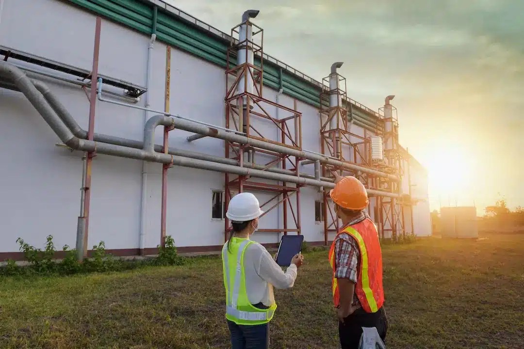  Two people in hard hats and high-visibility vests look at a tablet and the outside of a facility.