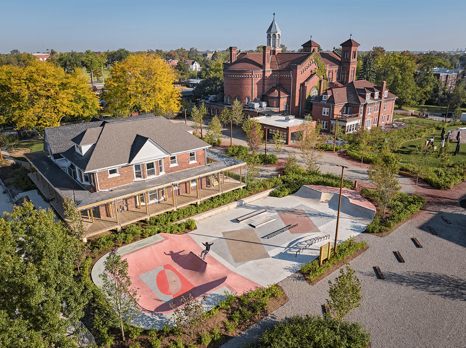 Aerial view of Little Village’s skatepark, with The Shepherd arts centre in the background.