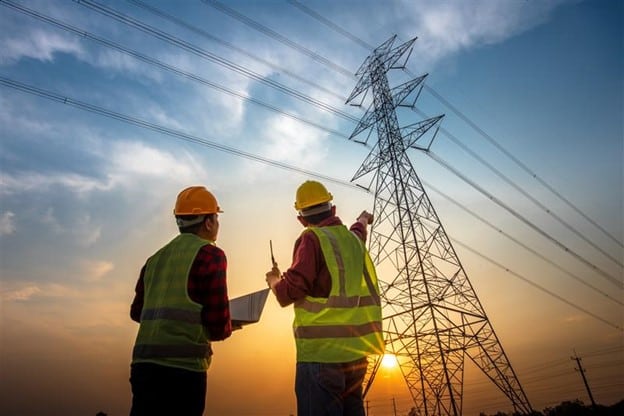 Two construction workers looking up at power lines.