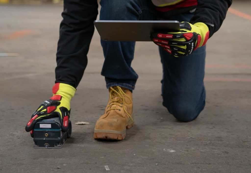 A GPRS Project Manager holding a tablet and operating a ground penetrating radar concrete scanning antenna.