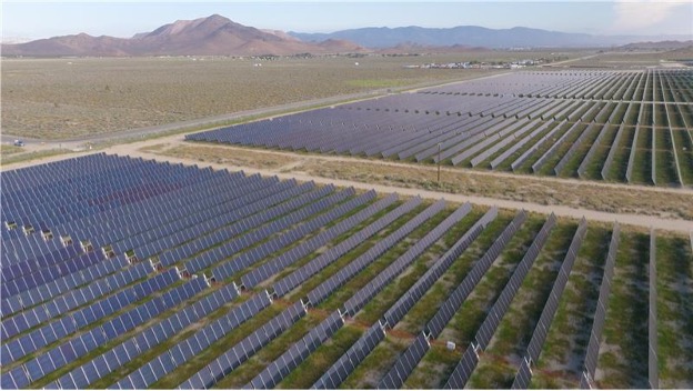 Aerial view of a large solar farm.