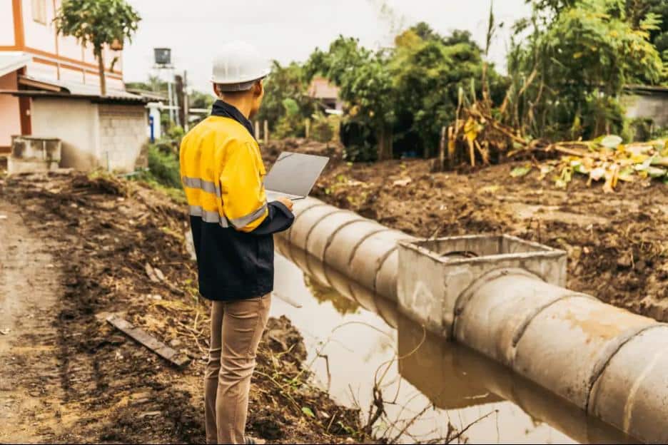 A worker with a laptop standing in front of a partially submerged pipe.