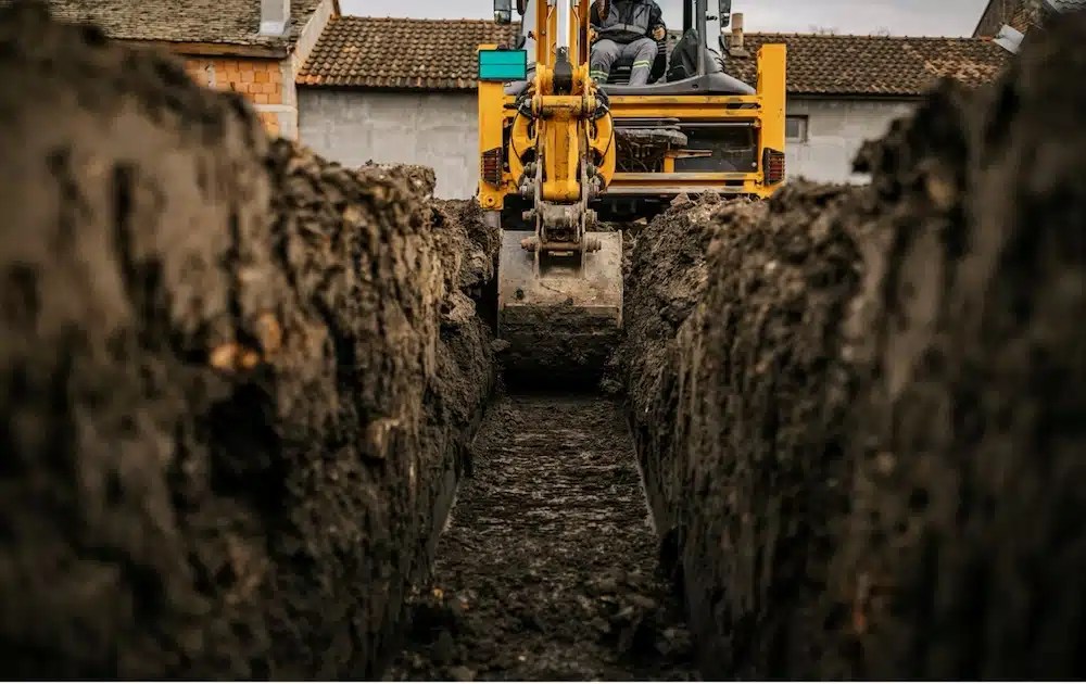 View of an excavator from inside the trench it’s digging.