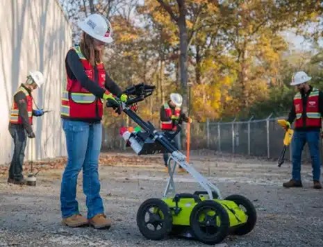 Four construction workers in safety helmets and high-visibility vests work outdoors near a fence with autumn trees in the background. One operates a ground-penetrating radar device, while the others handle surveying or measuring equipment.