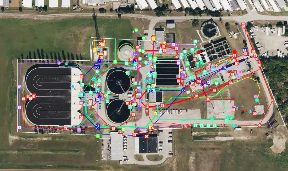Screenshot of the SiteMap® platform displaying an aerial view of a wastewater treatment facility with overlaid colored utility lines.