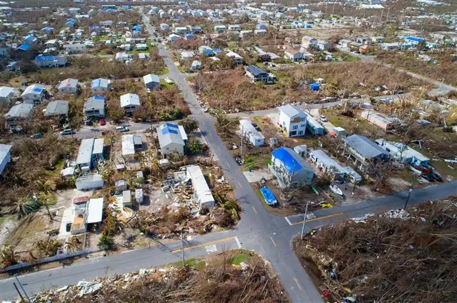 Aerial view of hurricane damage in the Florida Keys.