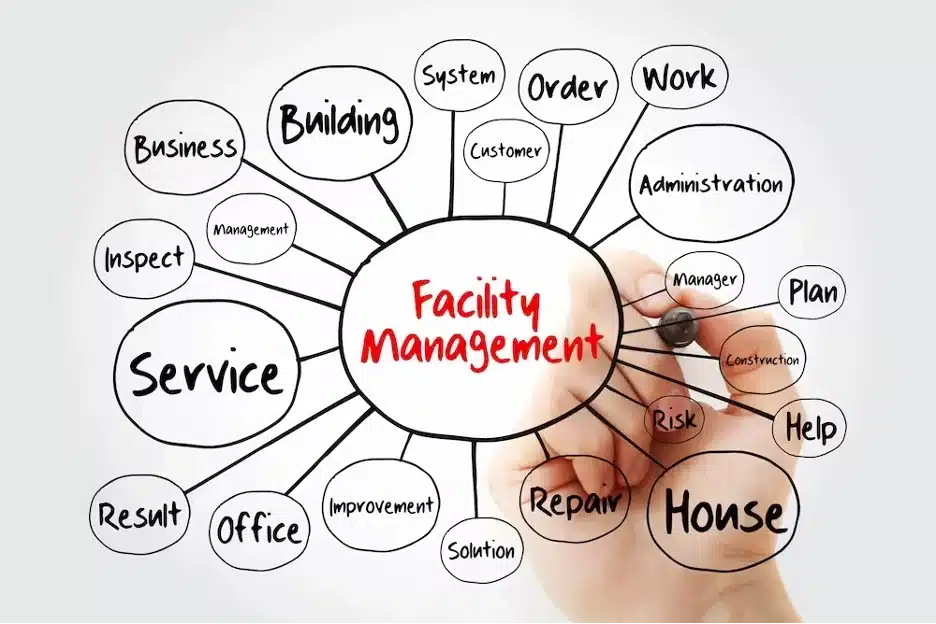Hand drawing a mind map centered on 'Facility Management' with related terms like Building, System, Risk, Repair, and Service connected in circles.
