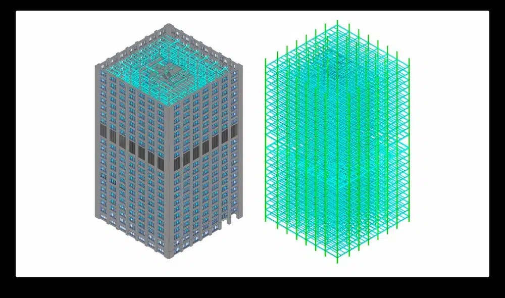 Building Information Model (BIM) showing spatial relationships, construction details, and lifecycle data used for planning and facilities management.