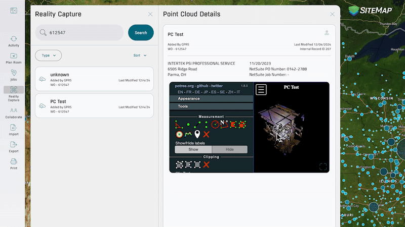 SiteMap software showing search results for a project and point cloud details for 'PC Test' with 3D visualization.